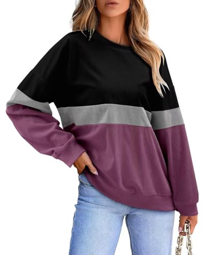 KISSMODA Womens Casual Long Sleeve Sweatshirts Color Block/Solid Tops Corduroy Crewneck Tunic Pullover with Pockets