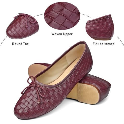 Women’s Woven Ballet Flats Leather Plaid Round Toe Mary Jane Shoe with Bow Tie Fashion Dress Slip on Low Heel Ballerina Shoes2