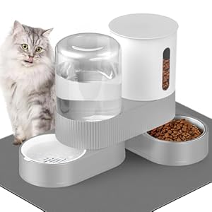 Automatic Cat Feeder and Water Dispenser, 2 in 1 Gravity Pet Food Feeder and Water Set with Stainless Steel Food Bowl for Cats, Small Dogs, Rabbits, 360 Degree Rotatable, Include Non-Slip Mat