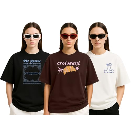 Image of Cotton Blend Oversized Baggy Fit Drop Shoulder Graphic Printed Half Sleeve T-Shirt Combo for Women (Pack of 3) (Sizes: S to 2XL)