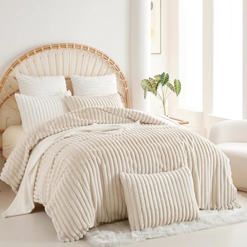 Covebett Plüsch Bettwäsche 135x200 4teilig Beige Uni Winter Warm Shaggy Cashmere Touch Streifen Plüschbettwäsche Flauschig Felloptik Wende 2 Bettbezug Reißverschluss und 2 Kissenbezug 80x80 cm