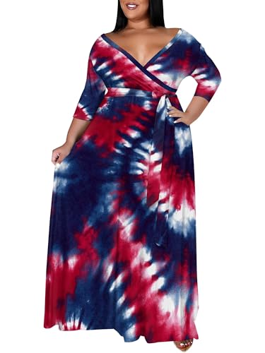 Image of SUZONANA Plus Size Maxi Dresses for Curcy Women Casual Loose 3 /4 Sleeve Long Dress with Belt