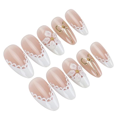 Image of 3D White Flower Press on Nails White French Tip Fake Nails Medium Almond False Nail with Gold Bow Design Reusable Glossy Full Cover Stick on Nail for Women Manicure 24Pcs
