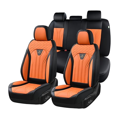 Image of FLORICH Leather Seat Covers, Car Seat Covers Full Set, Car Seat Protectors 5 Seats, Automotive Seat Covers Driver Seat Covers Fit for Most Cars Trucks SUV-Black&Orange