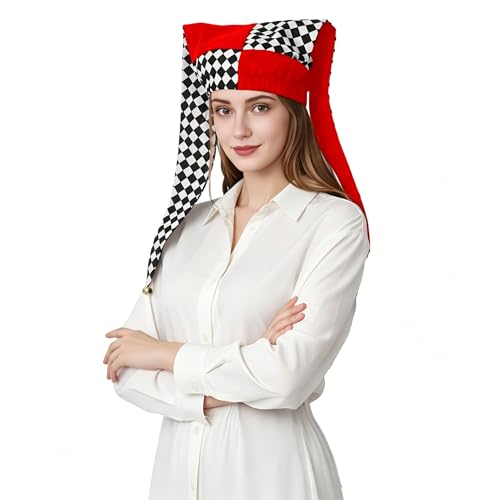 ANDHOM Jester Hat with Bells Harlequin Diamond Pattern for Halloween Christmas Costume Accessory Black&Red (M)