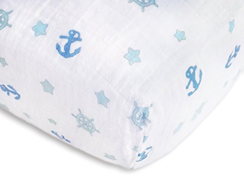 Image of SwaddleDesigns Softest Cotton Muslin Fitted Crib Sheet /Toddler Sheet for Baby Boy & Girl, Pastel Blue Ahoy!
