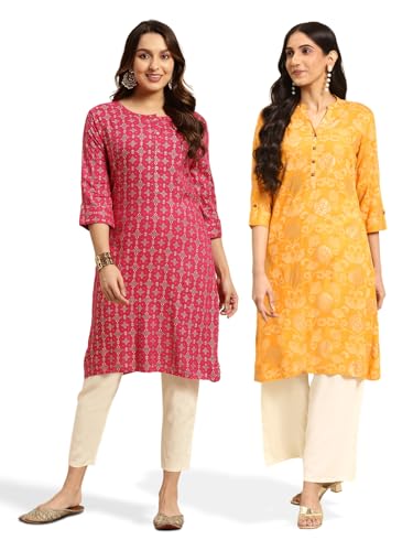 Image of rangita Women's Rayon Regular Fit Straight Kurti | Kurta (Pack of 2)
