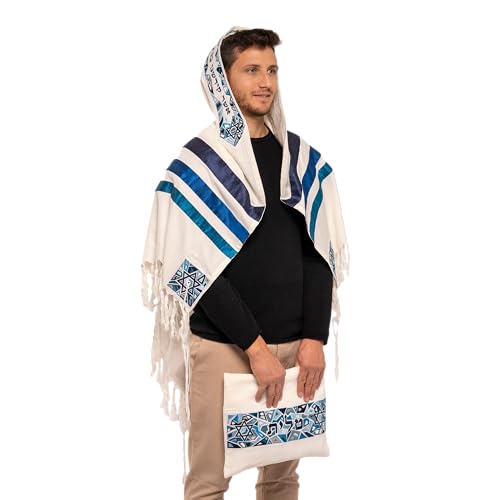 YAIR EMANUEL Luxurious Tallit Prayer Shawl Set - 41x72 Inch, Cotton/Polyester Blend with Silk Embroidery, Includes Matching Kippah and Tallit Bag