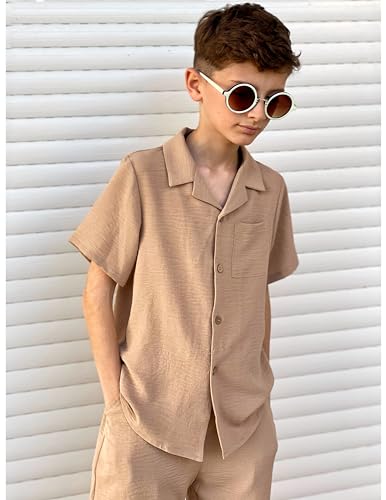 Image of Arshiner Boys 2 Pieces Summer Beach Outfits Short Sleeve Button Down Shirts and Shorts Vacation Texture Sets for Kids