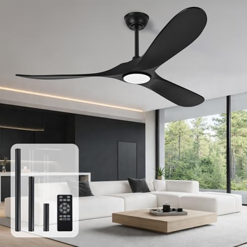 Image of heimo 60 Inch Black Ceiling Fan with Light and Remote, Wood Outdoor Ceiling Fans with Lights Dimmable for Bedroom Living Dining Room Patios Garage Gazebo Farmhouse Big Dc Reversible Fan