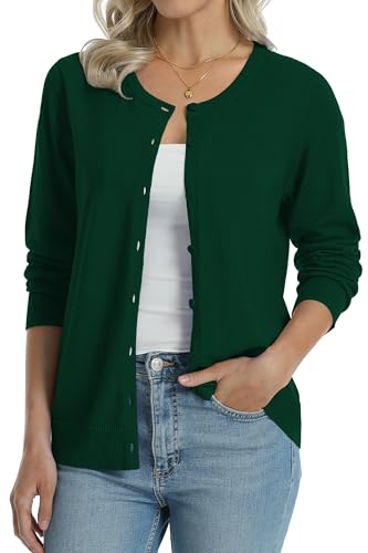 Image of QUALFORT Women's 100% Cotton Lightweight Cardigans Long Sleeve Knitted Button Down Sweater