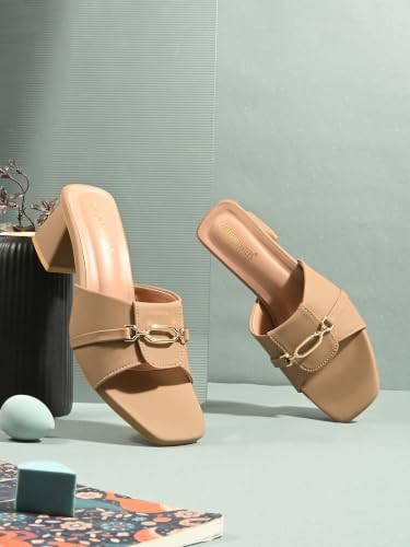 Image of Women's Block Heel Mule Sandals | Stylish Slip-On Heels with Metal Chain Detail | Cushioned Footbed | Square Toe Fashion Slides for Party, Office & Casual Wear