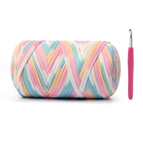 Image of Soft Tshirt Crochet Yarn, 400g /114yds High Elastic Hand Knitting Yarns, Thick T Shirt Yarn for Crocheting Bags, Baskets, Cushions, DIY Crafts(Candy Color)
