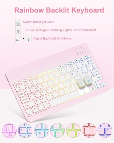 Image of EAMPANG Case with Keyboard Mouse for Samsung Galaxy Tab S10 Lite /S10 FE 5G /S9 FE 10.9 Inch /S9 11 Inch,7 Color Rainbow Backlit Detachable USB-C Keypad Magnetic Cover with Pencil Holder Pink