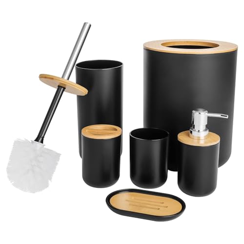 Bathroom Accessories Set - 6-piece Modern White Bathroom Accessories Set - Includes Trash Can Toilet Brush Toothbrush Holder Soap Dispenser Soap Dish and Mouthwash Cup (Black)