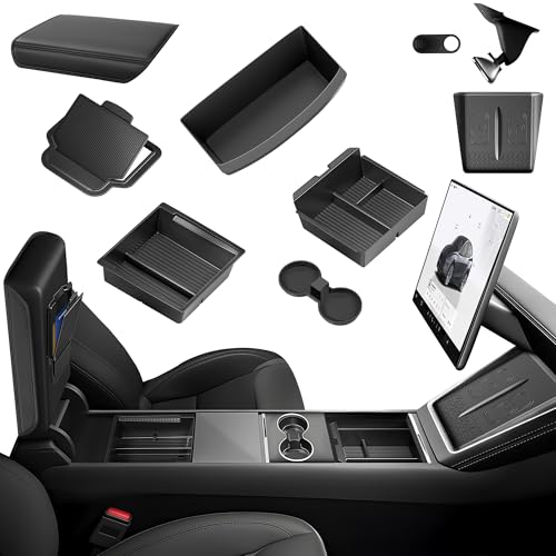 TSLDRV 10PCS Center Console Organizer for Tesla New Model Y Juniper (Premium & Performance) Under Seat Storage Armrest Cover Hidden Storage Charger Pad for Tesla Model Y Accessories 2025 2026 Black