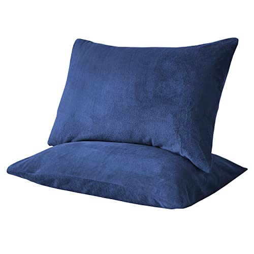 枕カバー 秋冬用 二枚セット マイクロファイバー まくらカバー フランネル パイル地 ピローケース ふわふわ 柔らかく肌触り 暖かい あったか 洗える 静電気防止加工 封筒式 (ダークブルー, 43×63cm)