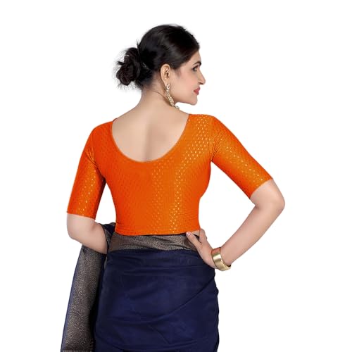 Image of FINESTFIT Round Neck Stretchable Elbow Sleeve Readymade Saree Blouse for Women, 100% Cotton Dobby Fabric