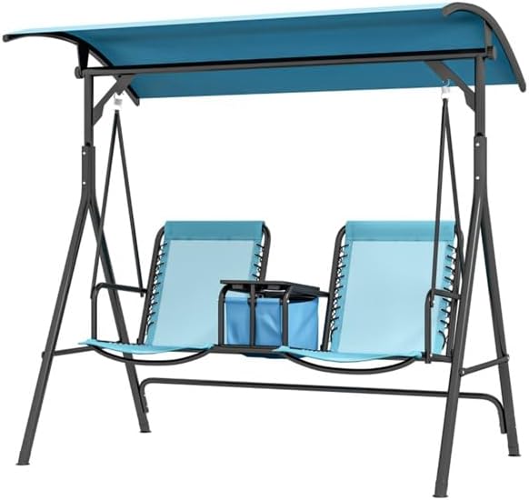 Generic 2-Seat Patio Outdoor Swing with Stand & Canopy, Pivot Storage Table, 2 Cup Holders, Canopy Porch Swing Adjustable Shading, Cushions for Patio and Backyard, Blue