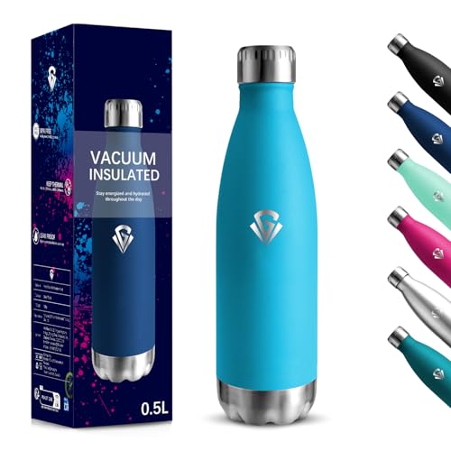 Botella Agua Acero Inoxidable, 500 ml Libre de BPA, Botella Termica, 18/8 Acero Inoxidable, Botellas de Agua, Aislamiento al Vacío de Boble Pared, Cantimplora para Cámping, Escuela - Azul cielo