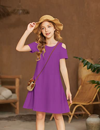 Arshiner Girl Dress Solid Short Sleeve Dresses With Pocket For Girls 11-12 Years Purple Berry #TOP1