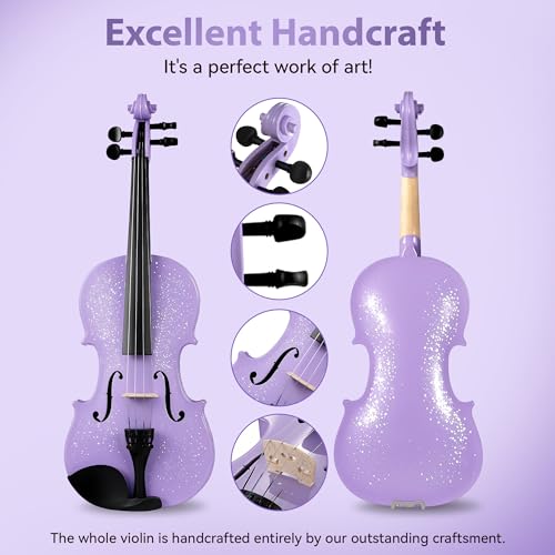 Image of Poseidon Acoustic Violin for Beginner, Full Size Violin Set for Students with Hard Case, Extra 4 /4 Strings Set, Violin Bow, Horse Bridge, Violin Rosin, Shoulder Rest, Clip-on Tuner, Manual - Purple