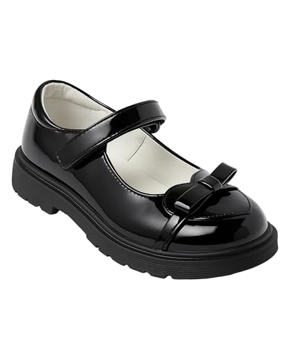 Girls Black Patent Mary Jane Dress Shoes with Bow Hook-and-Loop Strap Footwear