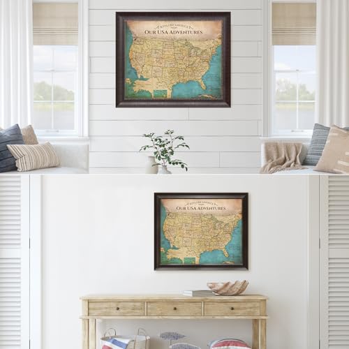 Image of DECORARTS - Personalized Push Pin Travel Map USA, Custom Name, Pin Board Canvas Wall Art, Antique Vintage Old United States Decor, Optional Wood Frame, Giclee Print, Handcrafted in USA, 20x16''
