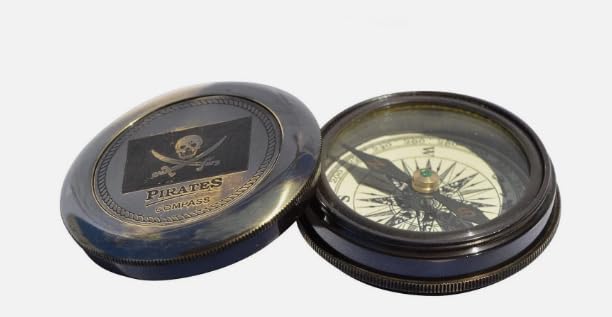 Brújula antigua de latón con estuche de cuero miniatura 2