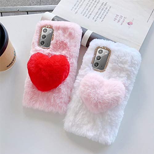 Jorisa Cute Plush Case For Samsung Galaxy A13 5G,Furry 3D Love Heart Soft Fluffy Fuzzy Winter Warm Girls Women Case Faux Rabbit Fur Hair Bling Glitter Diamond Silicone Cover,White + Pink thumb #3