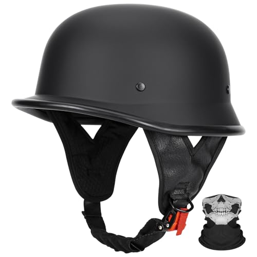 QUICKOOL DOT Certified German Style Motorcycle Half Helmet, Vintage ABS Lightweight Helmet for Adults, Retro Half Face Helmet for Cruiser Scooter Chopper (Matte Black,XL)
