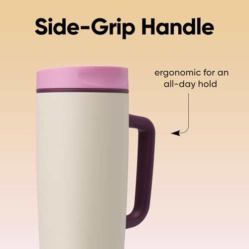 Image of Owala SmoothSip Slider Stainless Steel Insulated Travel Mug, 100% Leak Proof, For Hot and Cold Drinks, Travel Friendly with Sliding Lock Lid, 24 oz, BPA Free, Leak Proof, Pink /Tan (Daybreak)