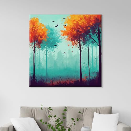 Image of EXSHA Vibrant Autumn Forest Square Canvas Painting|Abstract Colorful Trees Birds for Living Room, Bedroom, Office Decor|Modern Nature Decorative Art Print|Wall Painting for Home Decoration|24x24 Inch