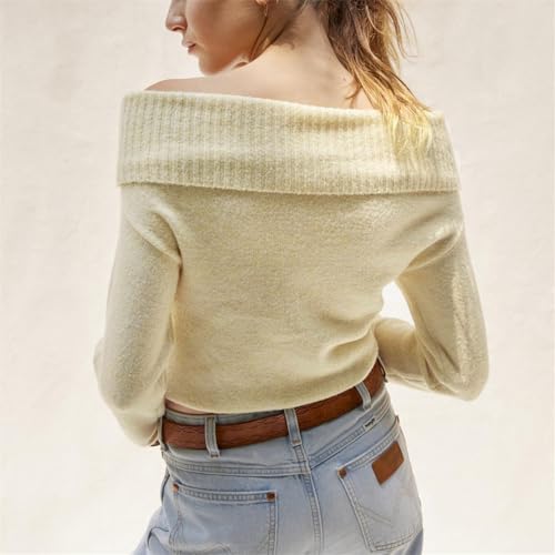 Image of Women Off The Shoulder Sweater Y2k Long Sleeve Boat Neck Knit Cropped Pullover Tops Fall Trendy Going Out Streetwear