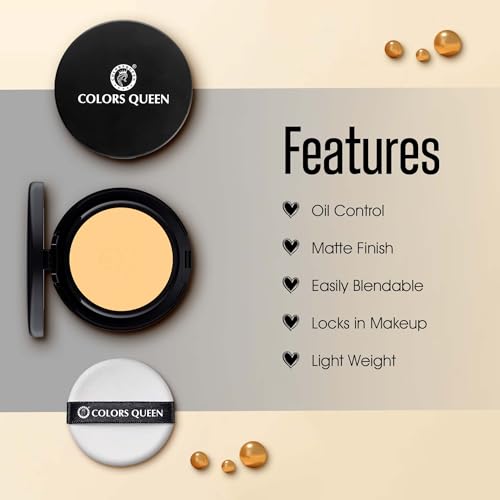 Image of Colors Queen Luminous Silk Compact Powder with Argan Oil - 10g | Oil Control, Matte Pressed Powder with Lightweight Formula | Long Lasting Compact Powder for Face Makeup (Almond)