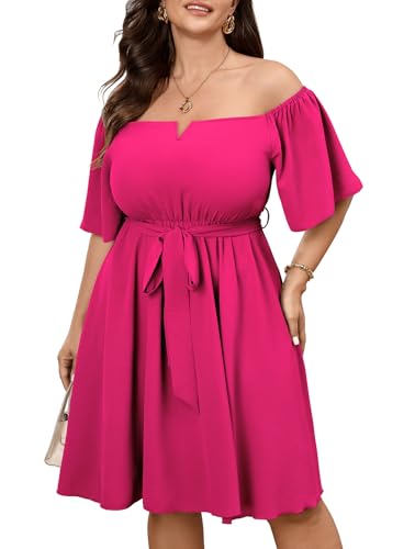 Image of SCOMCHIC Womens Plus Size Cocktail Dress Summer Off Shoulder Short Sleeve Flowy Ruffle A-Line Cute Mini Dress with Belt