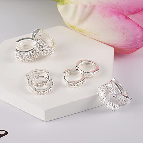ALEXCRAFT Sterling Silver Hoop Earrings Set for Women Cubic Zirconia Small Hoop Earrings Hypoallergenic Silver Diamond Huggie Earring Jewelry