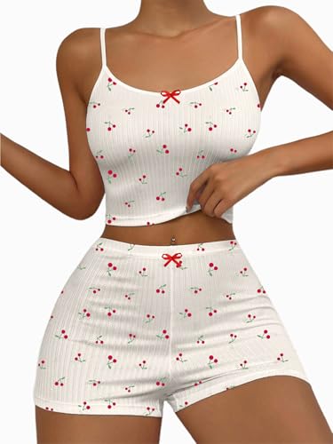 Image of Hilinker Womens Graphic 2 Piece Pajama Set Summer Cute Crop Cami and Shorts Ribbed Lounge Sets