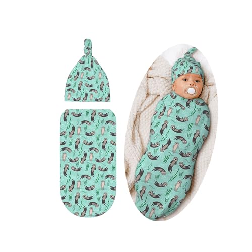 Image of Sea Otter Swaddle Blanket with Beanie Hat Set Boys Girls, Cute Sea Otter Lover Gifts Sleep Sack Receiving Blanket for Infants & Newborns