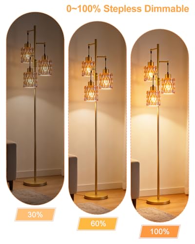 Image of 3-Light Modern Glass Floor Lamp, Gold Standing Tall Lamp with Amber Cylinder Glass Shade for Reading, Dimmable LED Floor Lamp with 5Lbs Heavy Base for Living Room Bedroom Home Decor, Bulb Included