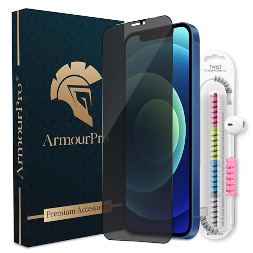 Image of ArmourPro Matte Privacy Tempered Glass for iPhone 12 , iPhone 12 Pro, Anti-Spy Anti-Glare Screen Protector, Edge-to-Edge Full Coverage, 9H Anti Scratch, Smooth Touch, Easy Installation Kit with Cable Protector