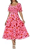 PRETTYGARDEN Women's Summer Casual Boho Dress Floral Print Ruffle Tiered Maxi Dress Puff Sleeve High Waist Long Beach Dresses (Big Floral Pink and Red,Medium)
