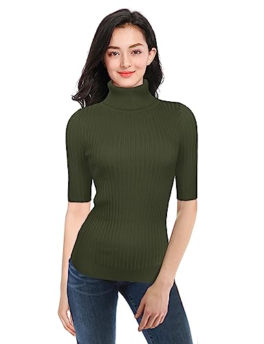 Image of v28 Women Turtleneck 1 /2 Half Sleeve Highly Stretchy Ribbed Knit Fitted Sweater