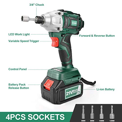 HUYOSEN 21V Max,Professional Brushless Cordless Impact Wrench 3/4 inch,350ft-lbs High Torque Power Impact Wrenches with 4Pcs Driver Impact Sockets and 2 Pcs 3.0Ah Battery