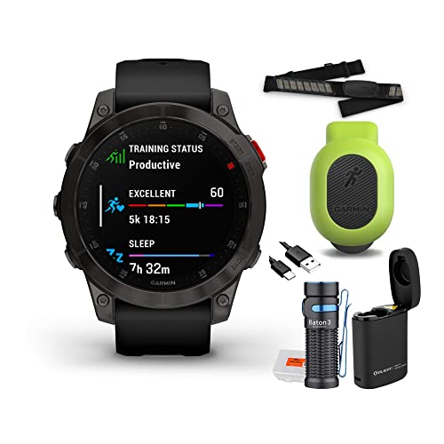 Garmin Epix Gen 2 Smartwatch (Sapphire Black Titanium) with Premium Edition USB Flashlight, HRM-Dual Heart Rate Monitor Strap and Running Dynamics Pod Bundle (4 Items)
