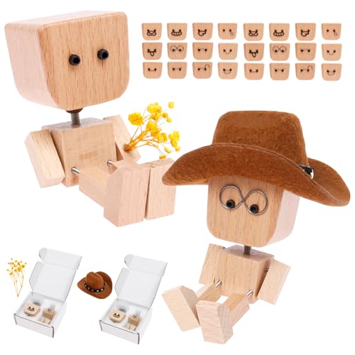 Zhjiutak 2Pcs Shaking Wooden Man Figurine, Handmade Shaking Feet Wooden Doll with 24Pcs Expressions Charming Little Wood Figure That Sways Car Ornaments for Desk Decor,Dashboard Toy(style 1)