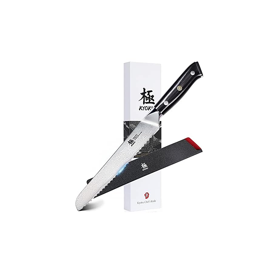 KYOKU-Serrated-Bread-Knife-8-Shogun-Series-Japanese-VG10-Steel-Core-Damascus-Blade-with-Sheath-Case KYOKU Serrated Bread Knife - 8" - Shogun Series - Japanese VG10 Steel Core Damascus Blade - with Sheath & Case