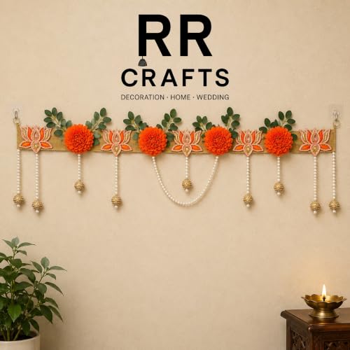 Image of Premium Lotus Toran for Main Door Entrance|Handmade Orange Lotus Flower Banderwal with Pearl Hanging & Green Leaves|Decorative Door Hanging for Diwali, Pooja, Wedding & Home Decor|38 in.