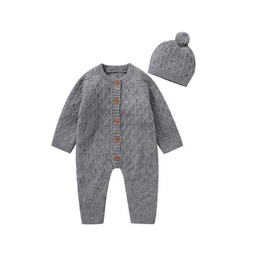 Image of Hadetoto Newborn Baby Sweater Romper Knit Outfits Long Sleeve Jumpsuit with Warm Hat for Infant Boy Girl