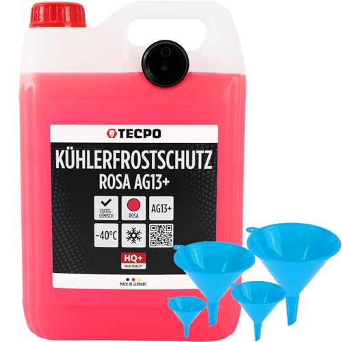 TECPO Anticongelante anticongelante AG13+, 5 litros con embudo, color rosa y rojo -40 °C, líquido refrigerante para coche, listo para usar, tecnología LOBRID, hasta 5 años de vida útil